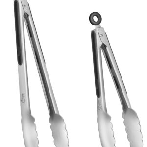 Hotec Stainless Steel Kitchen Tongs Set of 2 – 9″ and 12″, Locking Metal Food Tongs Non-Slip Grip