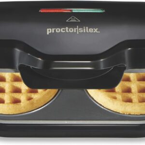 Proctor Silex Double Mini Waffle Maker Machine with 4” Round Non-stick Grids, Makes 2 Personalized Individual Breakfast Keto Chaffles and Hashbrowns, Compact, Black (26102)