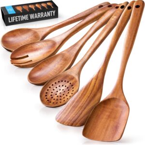 Zulay Kitchen 6-Piece Wooden Spoons for Cooking – Smooth Finish Teak Wooden Utensils for Cooking – Soft Comfort-Grip Wood Spoons for Cooking – Non-Stick Wooden Cooking Utensils – Wooden Spoon Sets