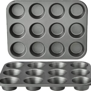 Amazon Basics Nonstick Round Muffin Baking Pan, 12 Cups, Set of 2, Gray, 13.9×10.55×1.22″